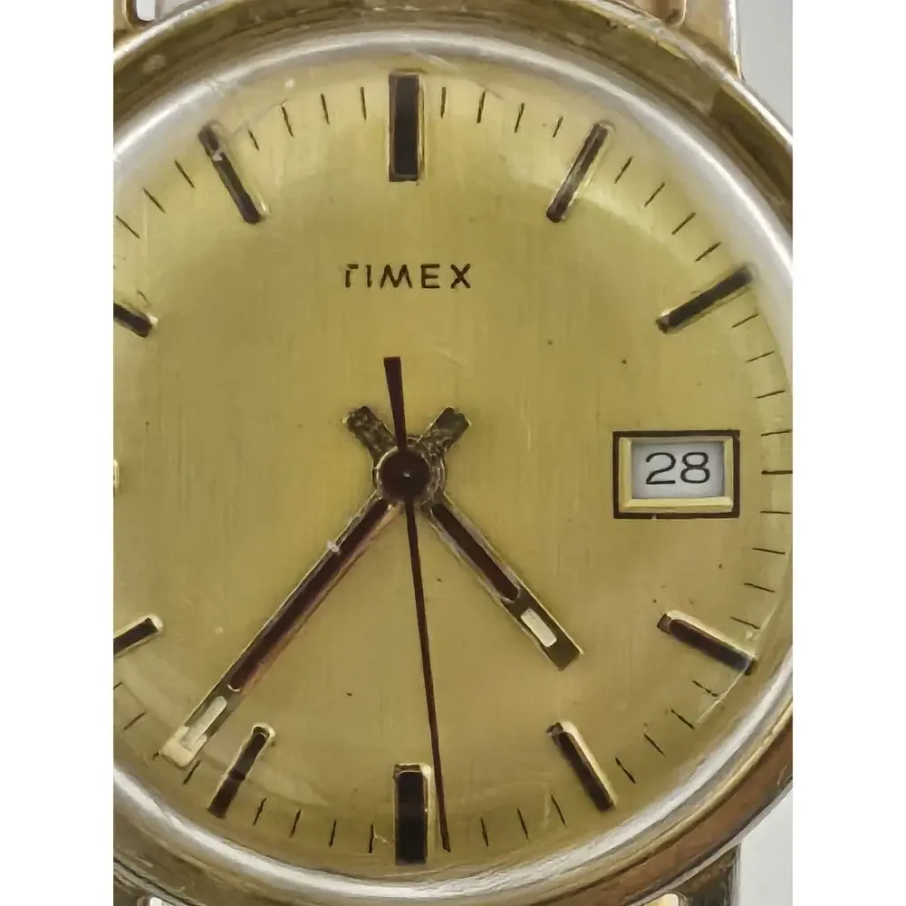 Mens Vintage 1977 Timex Manual Wind Watch Rare Gold Dial New Band Runs